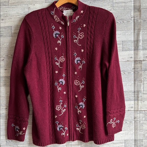 Vintage Sweaters - CJ Banks Womens 1X Ramie Angora‎ Cardigan Sweater burgundy Floral cottagecore